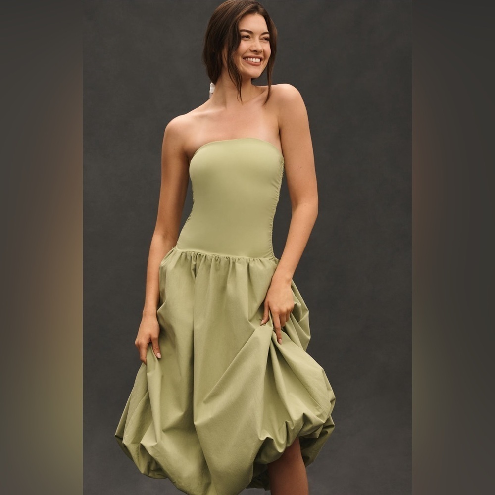 NWT! Anthro Sage Green Mare Mare Strapless Drop-Waist Bubble Midi Dress 🔴🐚🖼️